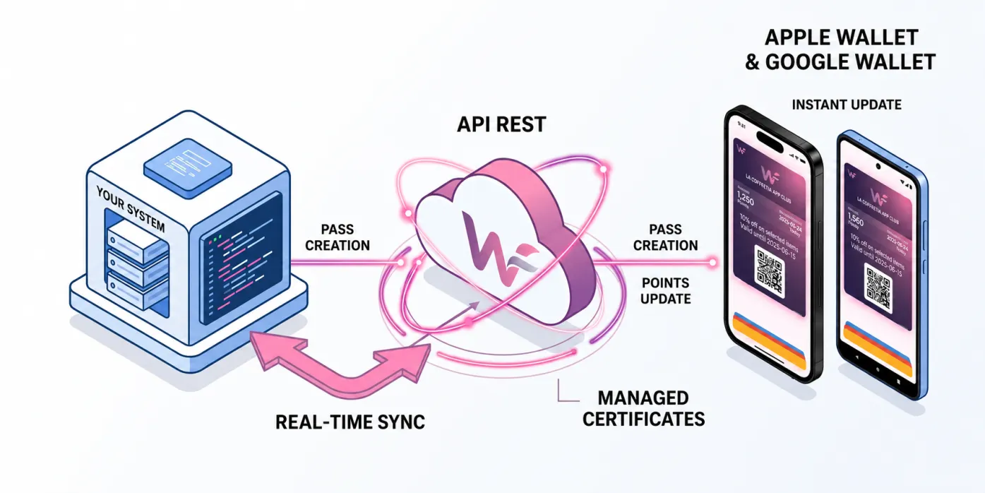 Integration diagram: your POS system, the Walleett REST API managing certificates, and passes in Apple Wallet and Google Wallet